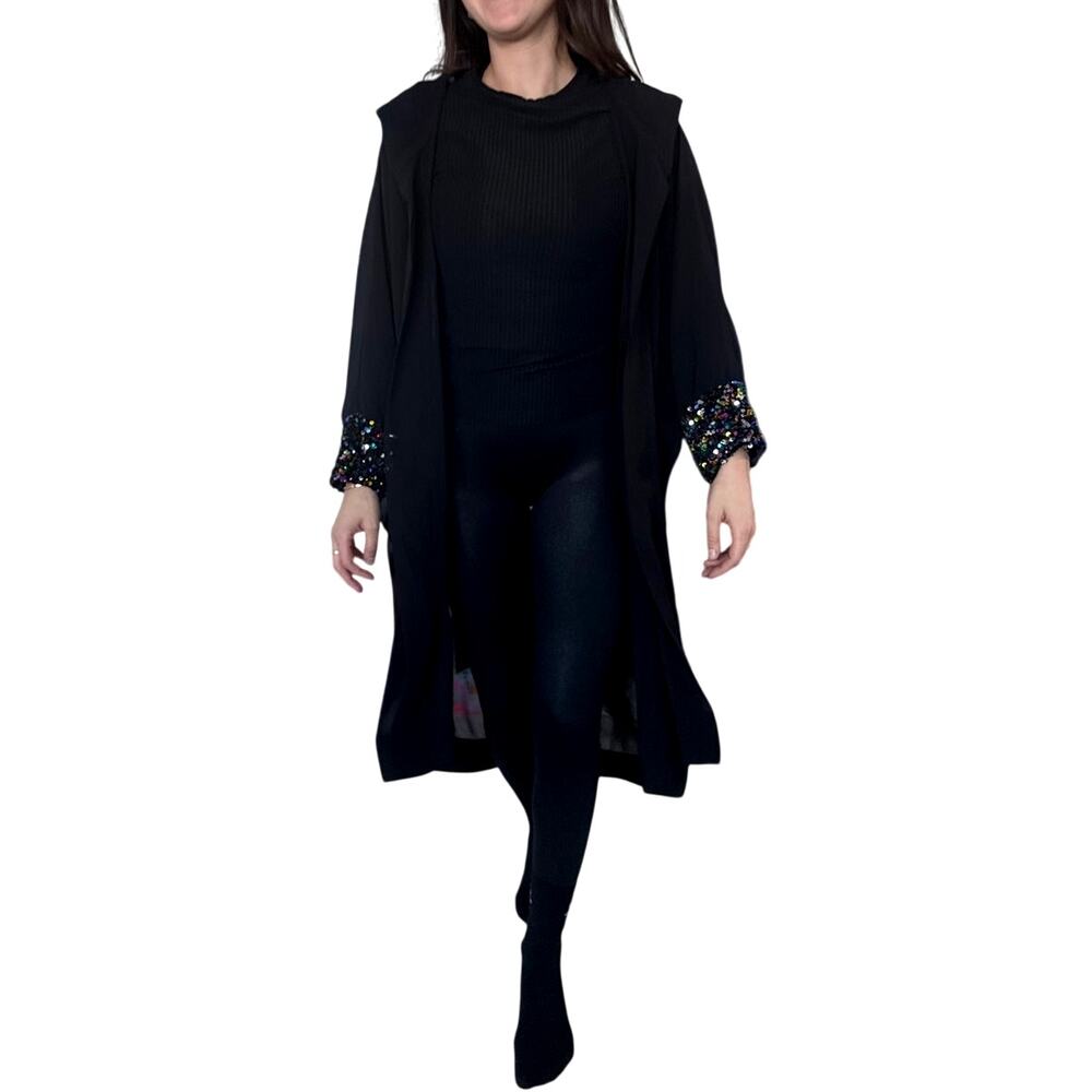 Sheer Hooded Open Kimono Glitter Sequin Cuffs. Black. Fits Small-Large Festival